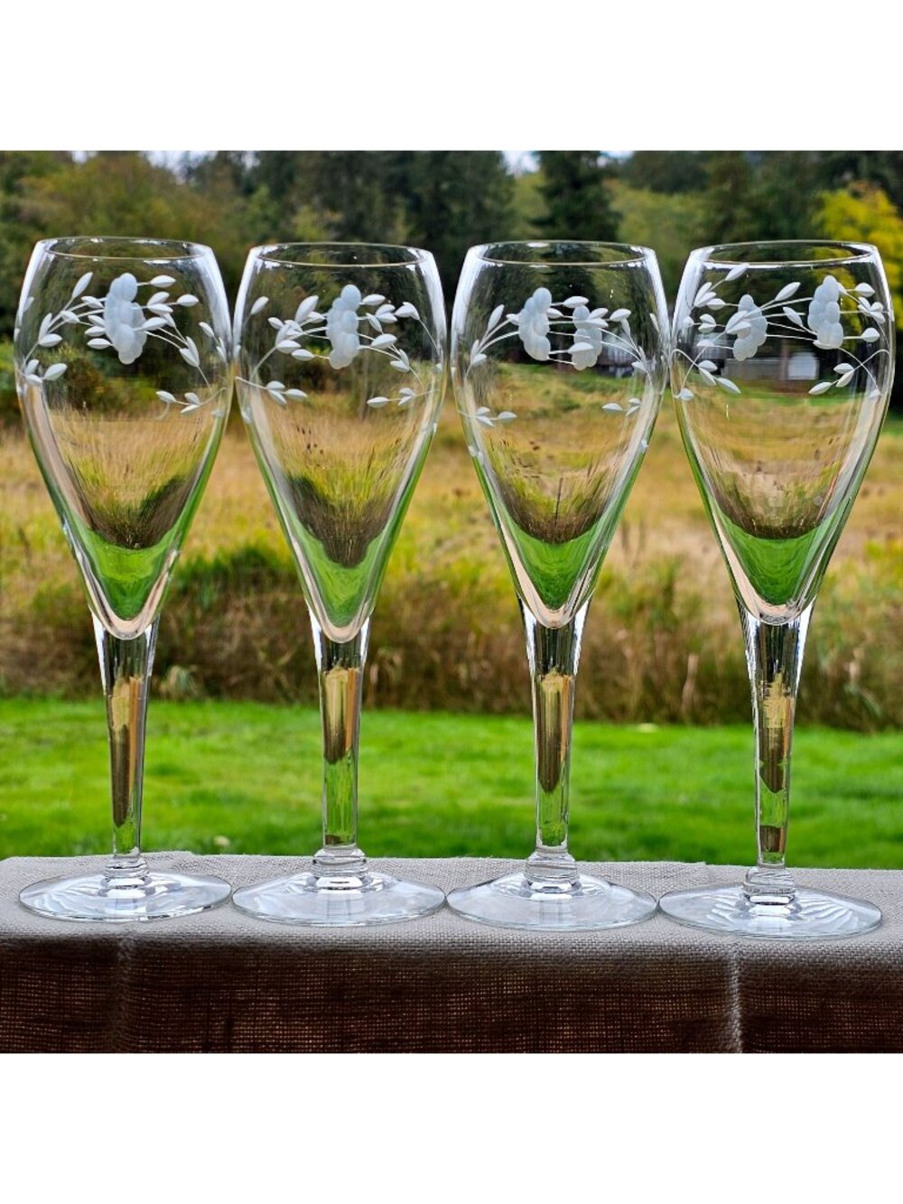 4 Princess House Heritage Tulip Champagne Flute 7" floral etched crystal glasses